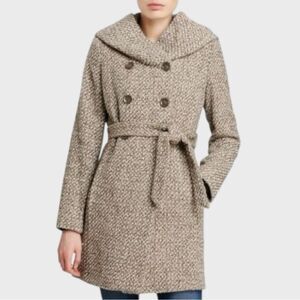 NEW Calvin Klein Tweed Belted Coat With Hood Tan Brown Cream Wool Size 12 NWOT